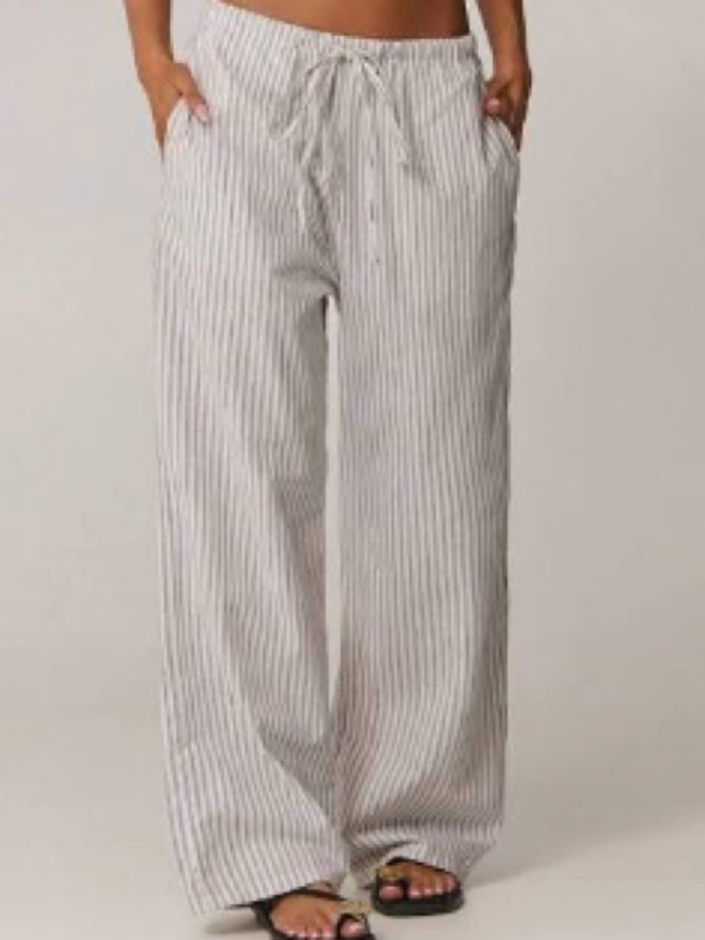 100% Cotton Forever 21 White Pinstripe Wide-Leg Drawstring Pants